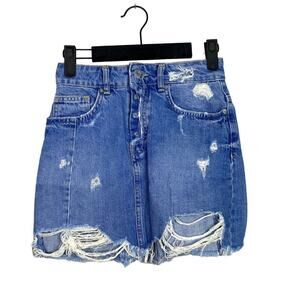 ZARA Distressed Raw Hem Mini Cotton Button Fly Skirt 5 Pockets S Blue #3211